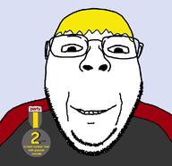 badge closed_mouth glasses merge nate smile soyjak soyjak_party stubble subvariant:wholesome_soyjak variant:bernd variant:gapejak yellow_hair // 1160x1125 // 40.5KB