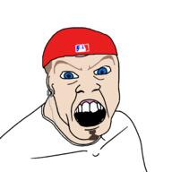 2soyjaks blue_eyes brown_eyebrows brown_hair brown_stubble chain clothes ear earring fred_durst goatee hat limp_bizkit open_mouth soyjak stubble variant:feraljak variant:nojak white_shirt white_skin // 2048x2048 // 79.9KB