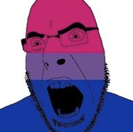 bisexual flag flag:bisexual_pride_flag glasses open_mouth pride_flag soyjak stubble variant:cobson // 495x492 // 49.9KB