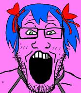 4chan blue_hair bowtie bury_pink_gril female glasses green_eyes hair open_mouth pink_background pink_skin s4s_(4chan) soyjak stubble variant:markiplier_soyjak // 474x546 // 76.2KB