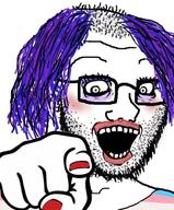 clothes crazed flag glasses hair hand looking_down makeup necklace open_mouth painted_nails pointing purple_hair soyjak stubble tranny variant:soyak // 529x637 // 129.0KB