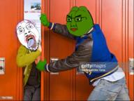 2soyjaks clothes frog full_body glasses irl irl_background lgbt_(4chan) locker mustache open_mouth pepe school soyjak stubble tranny variant:bernd variant:chudjak // 612x459 // 490.5KB