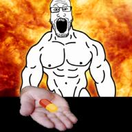 arm buff fire glasses hand holding_object irl meds nipple open_mouth pill soyjak stubble variant:markiplier_soyjak // 900x900 // 838.3KB