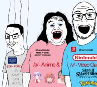 3soyjaks a_(4chan) anime board_soyjaks chino_kafuu clothes donald_trump gamergate glasses gochiusa hair ijiranaide_nagatoro_san its_okay_to_be_white logo makeup nagatoro_hayase nintendo nintendo_switch pokemon pol_(4chan) satania smile smug soyjak stubble super_smash text tranny tshirt v_(4chan) variant:alicia variant:chudjak variant:unknown video_game // 1305x1178 // 184.1KB