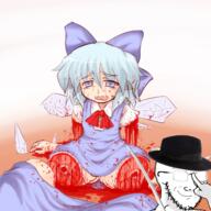 anime arm blood blue_eyes blue_hair bowtie cirno closed_mouth crying dress fedora female glasses glowing_glasses gore hair hand katana nsfw smile smug soyjak stubble touhou variant:soyak video_game white_skin // 1400x1400 // 1.6MB