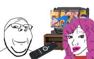 2soyjaks barneyfag cartoon ear female glasses grey hair jem my_little_pony open_mouth purple_hair remote shelf smile soyjak stand stubble subvariant:wholesome_soyjak television text twilight_sparkle variant:gapejak variant:impish_soyak_ears variant:wojak wojak // 1600x1000 // 266.6KB