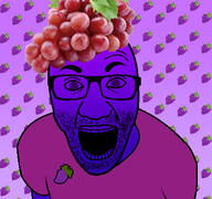 arm clothes food foodjak fruit glasses gradient grape hat open_mouth purple_eyes purple_skin soyjak stubble tshirt variant:el_perro_rabioso // 427x400 // 200.6KB