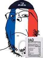 cap closed_mouth clothes crying cup father flag flag:france france frown glasses hat mug soyjak stubble text variant:gapejak // 600x800 // 166.4KB