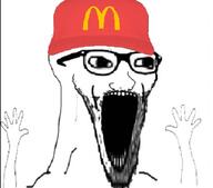 arm cap clothes glasses hand hands_up hat mcdonalds open_mouth soyjak stubble subvariant:wewjak variant:soyak wagie // 652x574 // 170.4KB