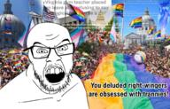 angry flag flag:lgbt_pride_flag flag:progress_pride_flag flag:transgender_pride_flag flag:united_states glasses headline irl_background lgbt open_mouth politics pride_flag slaanesh soyjak stubble text united_states variant:feraljak warhammer // 1024x655 // 1.1MB