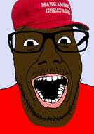 black_skin clothes glasses hat lets_go_brandon maga music mustache open_mouth red_shirt sound soyjak stubble variant:punkjak video // 918x1306, 139s // 1.7MB