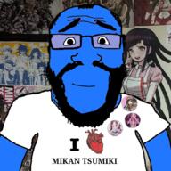 anime arm badge balding beard blue_skin button calm closed_mouth clothes danganronpa_(series) danganronpa_2:_goodbye_despair glasses happy heart nurse poster room smile soyjak stubble subvariant:science_lover text thick_eyebrows tsumiki_mikan variant:markiplier_soyjak video_game // 1032x1033 // 937.4KB