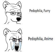 2soyjaks angry animal anime bloodshot_eyes crying cubfag ear furry glasses open_mouth pedophile place_japan reaction soyjak text variant:chudjak variant:soyak // 604x574 // 38.7KB