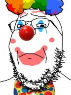 bowtie clown crying glasses hair makeup rainbow sad soyjak stubble subvariant:wholesome_soyjak variant:gapejak // 600x800 // 206.7KB