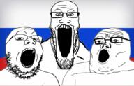 3soyjaks country flag glasses open_mouth russia soyjak stretched_mouth stubble variant:gapejak variant:markiplier_soyjak variant:tony_soprano_soyjak // 1332x850 // 514.6KB