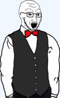 arm bowtie clothes glasses hand open_mouth soyjak stubble variant:soyak waiter // 729x1178 // 133.1KB