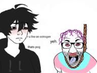 arm bloodshot_eyes clothes flag glasses hair hanging open_mouth purple_hair soyjak stubble text tongue tranny twinkjak variant:el_perro_rabioso // 1080x808 // 307.6KB