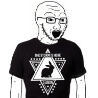 animated arm clothes glasses open_mouth qanon shaking soyjak stubble text tshirt variant:soyak // 800x800 // 247.0KB