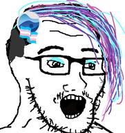 blue_hair flag glasses hair mustache pink_hair purple_hair rate_your_music soyjak stubble tranny variant:soyak // 406x431 // 44.6KB