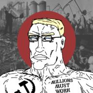 blue_eyes bolshevism buff chin chud closed_mouth communism ear factory farm glasses hair halo hammer_and_sickle kgb leftypol millions_must_die muscles nkvd politics production_line propaganda redraw russia socialism soviet_union soyjak tattoo text totalitarian variant:chudjak vein work yellow_hair // 799x799 // 294.3KB