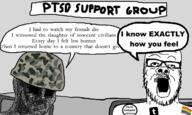 camouflage clothes combat_helmet flag glasses hat helmet lgbt military mustache open_mouth ptsd soyjak speech_bubble stubble text tumblr variant:a24_slowburn_soyjak wojak // 1500x900 // 773.1KB