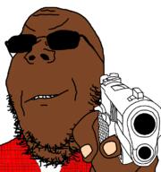 black_skin clothes glasses gun hand holding_gun holding_object holding_pistol pistol smile smirk smug soyjak stubble sunglasses variant:gapejak // 743x791 // 55.2KB