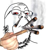 glasses hand holding_object irl red_eyes smoke smoking soyjak stubble variant:gapejak weed // 800x800 // 297.4KB