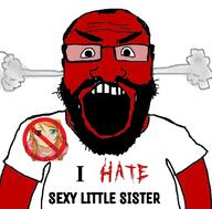 angry anime anime_female arm balding beard blue_eyes blush brown_hair clothes dress female fume girl glasses hair i_hate incest kousaka_kirino loli open_mouth oreimo red red_skin soyjak subvariant:science_lover text tshirt variant:markiplier_soyjak // 1280x1262 // 185.6KB