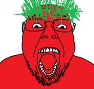 food glasses green_hair hair open_mouth red_skin soyjak stubble tomato variant:bernd vegetable // 582x550 // 121.5KB