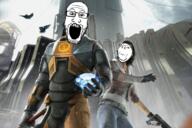 2soyjaks alyx_vance bird closed_mouth clothes fingerless_glove gem glasses glove gun half-life half-life_2 hev_suit holding_gem holding_gun holding_object open_mouth smile soyjak subvariant:wholesome_soyjak thrembo valve variant:gapejak variant:markiplier_soyjak video_game weapon // 1200x800 // 1.9MB