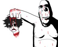 arm armpit biting_lip black_sclera blood closed_mouth creepy distorted evil glasses hair holding_object holding_severed_head nipple no_eyes ominous open_mouth severed_head shadow soyjak stubble subvariant:hornyson twinkjak variant:cobson wojak // 1899x1547 // 254.3KB