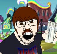 barneyfag berry_punch bon_bon brown_hair brown_mustache clothes doom drawn_background glasses hair holding_object lee_goldson lyra_heartstrings mustache my_little_pony open_mouth sassaflash soyjak stubble sunshower_raindrops variant:feraljak white_skin // 680x638 // 423.5KB