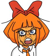 acne angry bowtie cartoon dutch eyelashes female glasses hair hair_ribbon mymy ongezellig open_mouth orange_hair orange_skin soyjak stubble variant:feraljak // 1362x1507 // 443.2KB