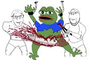 2soyjaks arm blood chainsaw closed_mouth clothes crying frog full_body glasses gore hand hanging holding_object leg open_mouth pepe smile soyjak stubble subvariant:wholesome_soyjak tshirt underpants variant:feraljak variant:gapejak // 5554x3472 // 757.9KB