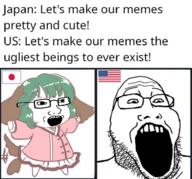 animal_ears anime comparison flag flag:japan flag:united_states green_hair gyate_gyate kasodani_kyouko tail text touhou variant:markiplier_soyjak2 variant:soyak video_game // 941x877 // 663.6KB