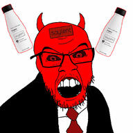 angry bloodshot_eyes bottle clothes demon facial_mark forehead_mark glasses horn mustache necktie open_mouth plastic_bottle red_eyes red_skin soy soyjak soylent soylent_(original) soylent_bottle stubble suit variant:feraljak // 1024x1024 // 245.4KB