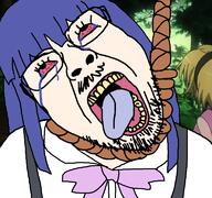 anime bloodshot_eyes clothes crying forest furude_rika glasses hair hanging higurashi hojo_satoko mustache open_mouth purple_hair soyjak stubble tongue tranny variant:bernd white_skin yellow_teeth // 768x719 // 130.6KB