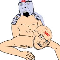 2soyjaks 4chan angry arm blue blue_skin gay glasses hand holding_object nsfw open_mouth prostration qa_(4chan) s4s_(4chan) scared soyjak stubble text variant:cobson variant:soyak white_skin // 1000x1000 // 3.8MB