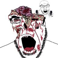 2soyjaks angry blood bloodshot_eyes brain dead eyeball glasses gore gun murder open_mouth pistol soyjak stubble variant:cobson variant:feraljak // 722x720 // 90.1KB