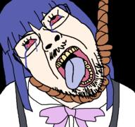 anime bloodshot_eyes clothes crying furude_rika glasses hair hanging higurashi hojo_satoko mustache open_mouth purple_hair soyjak stubble tongue tranny variant:bernd white_skin yellow_teeth // 768x719 // 34.6KB