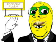 alarm arm banana clothes deformed food foodjak fruit glasses green_skin hand necktie pencil smile soyjak stubble subvariant:emmanuel subvariant:wholesome_soyjak suit variant:gapejak yellow_skin ylyl_banana // 1070x800 // 249.9KB