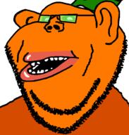 amerimutt clothes ear food froot froot_(user) fruit glasses leaf open_mouth orange orange_skin soyjak stubble subvariant:impish_amerimutt variant:impish_soyak_ears // 598x628 // 22.0KB