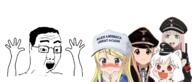 animated anime anime_female arm cap clothes darling_in_the_franxx donald_trump excited glasses hair hand hands_up hat inubashiri_momiji k_on kotobuki_tsumugi kujou_karen maga nazism open_mouth pink_hair shaking soyjak swastika touhou variant:chudjak video_game white_hair yellow_hair zero_two // 1258x540 // 154.2KB