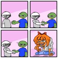 bowtie closed_mouth clothes frog full_body glasses green_skin hair mymy ongezellig open_mouth orange_hair orange_skin pepe soyjak stonetoss stubble tshirt variant:unknown // 680x680 // 192.7KB