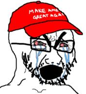 bloodshot_eyes cap clothes crying donald_trump glasses hat maga open_mouth politics soyjak stubble thick_eyebrows variant:cryboy_soyjak // 216x234 // 10.6KB