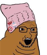 beanie brown_skin clothes communism double_chin fat flag glasses hammer_and_sickle hat nazism open_mouth soyjak stubble swastika tranny variant:soyak // 832x964 // 524.8KB