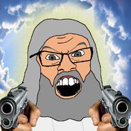 beard christianity clothes glasses glowing god green_eyes grey_hair gun hair hand heaven meta:tagme mustache open_mouth pointing pointing_at_viewer religion robe sky soyjak variant:feraljak white_skin // 800x800 // 522.1KB