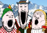 clothes country germany hair hat irl_background mountain open_mouth soyjak soyjak_trio stretched_mouth stubble suspenders variant:gapejak variant:markiplier_soyjak variant:tony_soprano_soyjak white_skin yellow_hair // 828x581 // 318.0KB