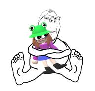 blue_skirt clothes foot frog froge hat hugging kiss purple_shirt sitting skirt soyjak stubble // 1440x1380 // 130.3KB