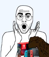 arm black_skin buff glasses hand holding_object nintendo nintendo_switch open_mouth soyjak stubble variant:britjak video_game // 860x1000 // 126.8KB